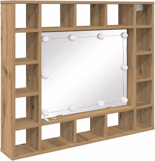 Armadietto con specchio LED da parete con ripiani portaoggetti 91 x 15 x 76 cm moderno chic in legno multistrato rovere artigianale 02_0052471