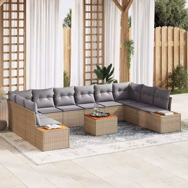 Set Divano da Giardino vidaXL 11 Pezzi Beige con Tavolino e Cuscini in Polyrattan e Acciaio con Struttura in Legno di Acacia