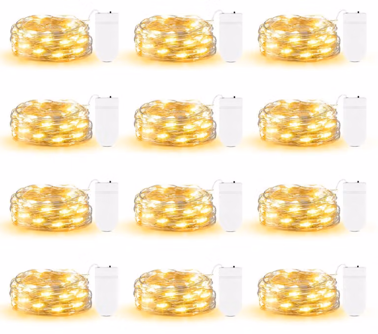 Set di 12 metri di catena luminosa con 20 LED, filo argentato, alimentazione a batteria, luce bianco caldo