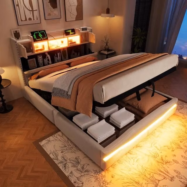 Letto Imbottito Contenitore con LED e USB ¨C MINIMAL ¨C Beige 140x200 Idraulico
