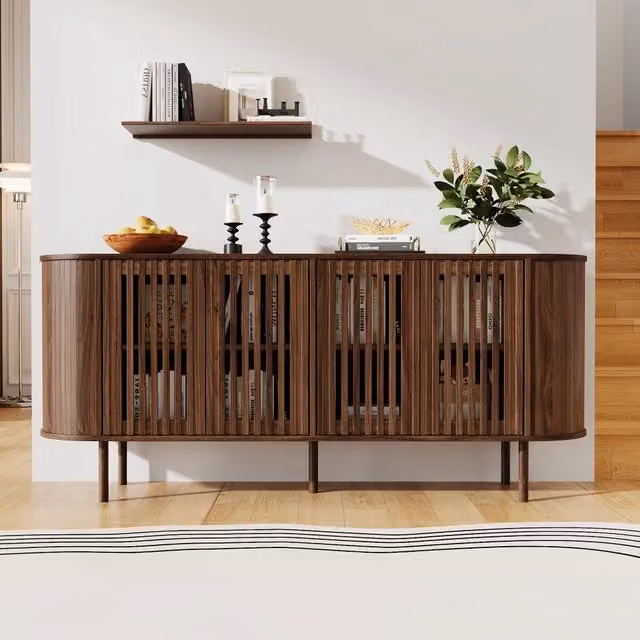 Credenza moderna in MDF color noce con 4 ante scorrevoli e gambe in metallo L: 160 cm, P: 40 cm, H: 70 cm