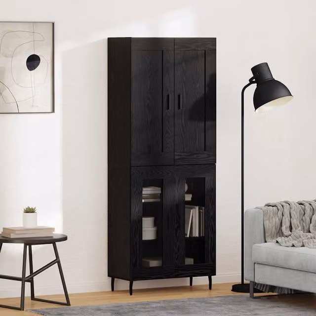 Set di 2 Credenze Moderno vidaXL in Legno e Vetro, Colore Rovere e Nero