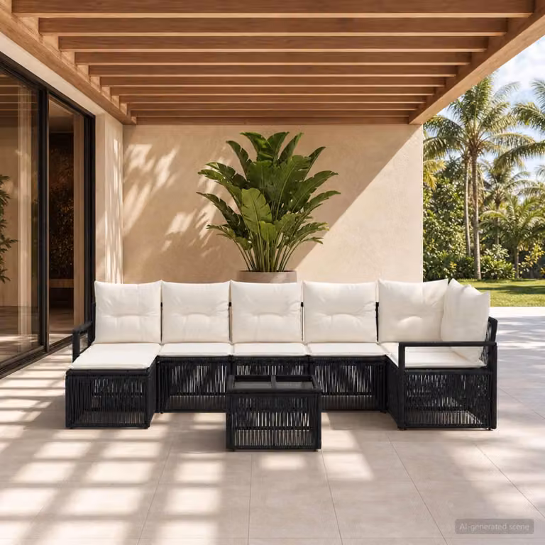 Set Divano da Giardino vidaXL 8 pz a Forma a L con Poltrona, Tavolino e Ottoman, Colore Nero e Bianco, Struttura in Metallo e Polyrattan con Cuscini Inclusi