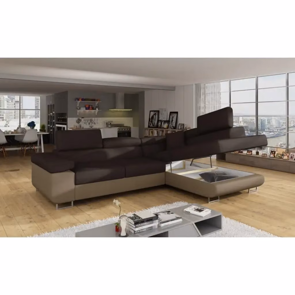 Divano angolare trasformabile MENTON MEUBLORAMA marrone e beige con funzione letto, vano contenitore e poggiatesta regolabile, angolo destro, L/P/H: 272 x 145 x 85 cm – 2