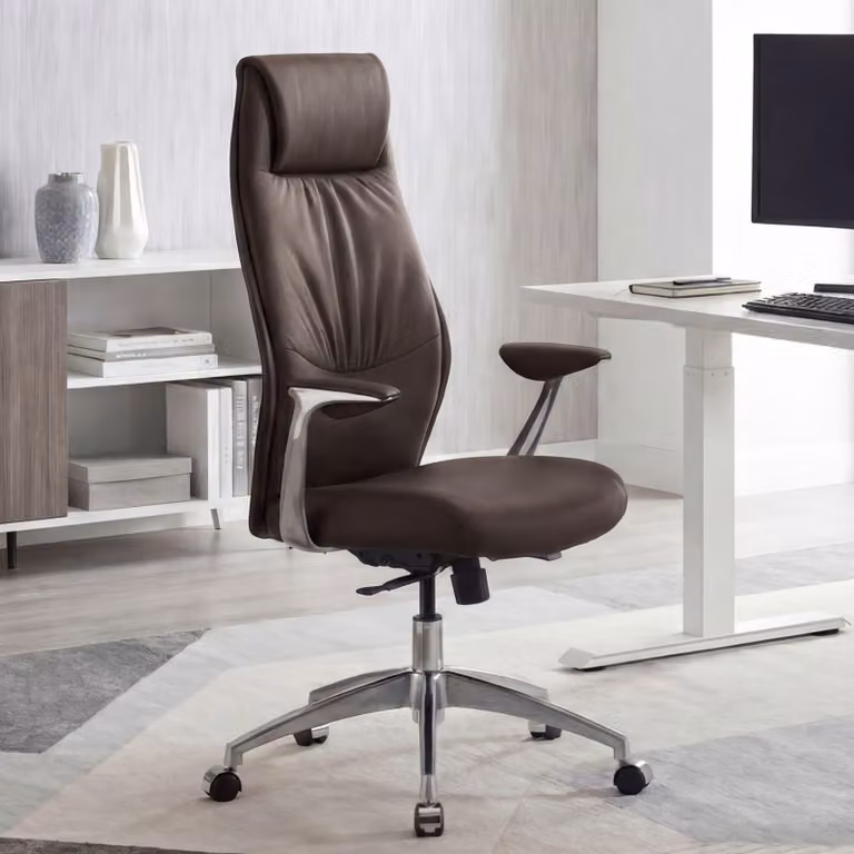 FineBuy: sedia da ufficio in vera pelle marrone, sedia da scrivania con portata massima di 120 kg, poltrona direzionale con meccanismo sincronizzato, sedia girevole