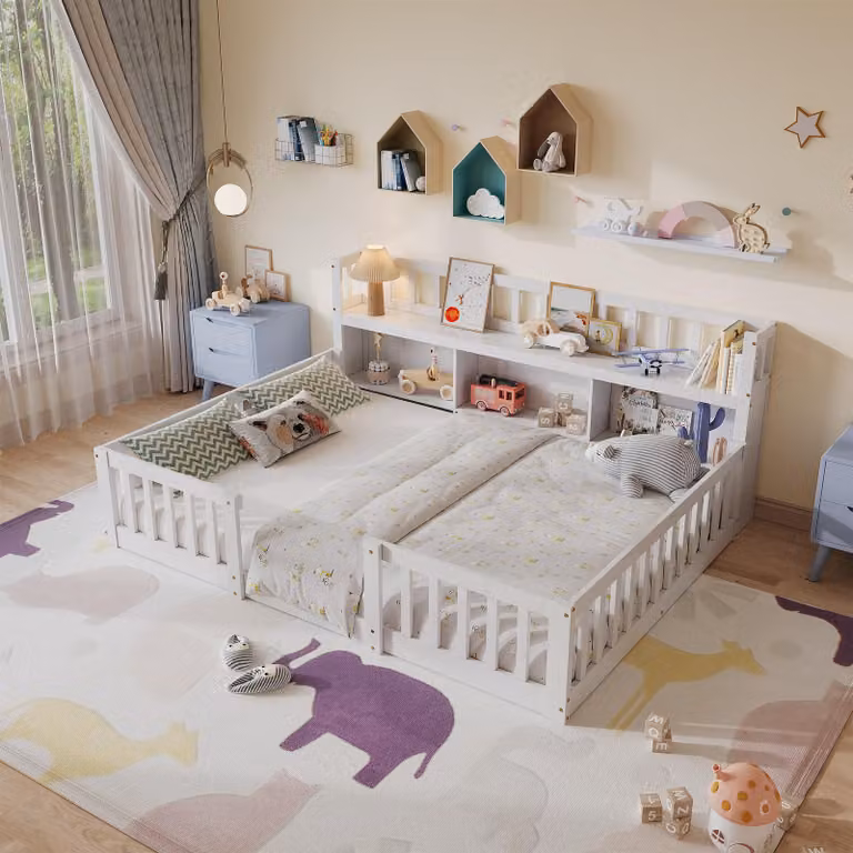 Letto UnboxG per bambini, modello a terra 140x200 con protezione anticaduta e rete a doghe, letto Montessori a forma di casetta con contenitori, letto a terra a forma di casetta per adolescenti, colore bianco