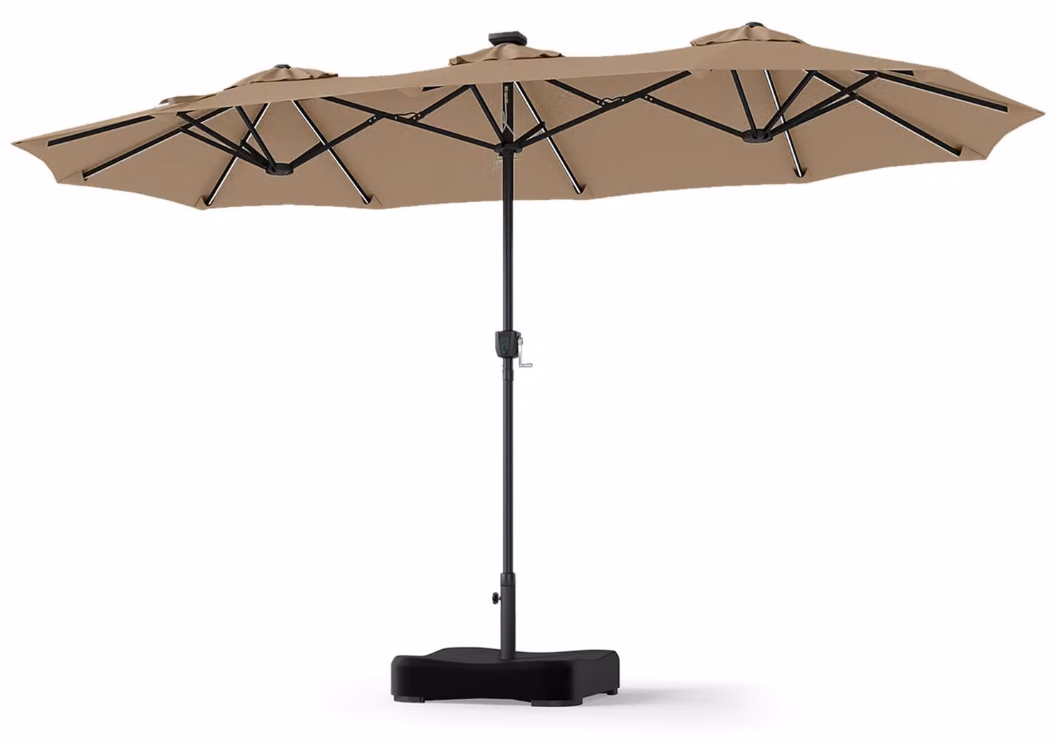 KOMFOTTEU, ombrellone doppio, 370 x 200 cm, ombrellone da giardino con 108 luci LED solari, ombrellone per mercati con manovella, 12 stecche e supporto, protezione solare, ombrellone per terrazza, giardino e balcone