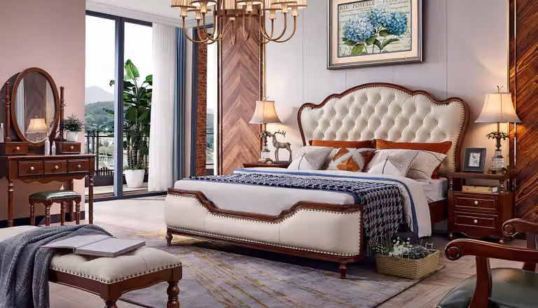 Bett 2x Nachttische Schminktisch Bank Schlafzimmer Möbel Luxus Holz 6tlg Set