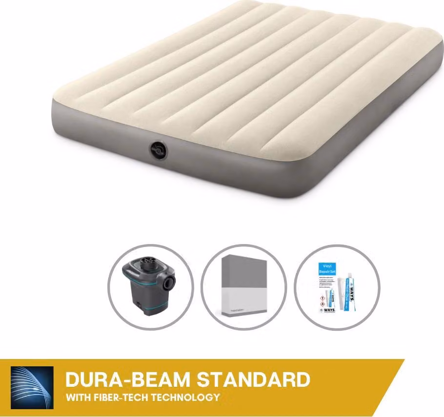 Letto gonfiabile Intex - 2 persone - 137 x 191 x 25 cm - Beige + pompa elettrica Intex - 650 litri/min + lenzuolo di ricambio antracite + kit di riparazione