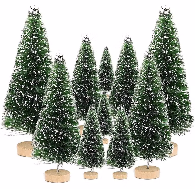 Mini albero di Natale, set da 10, artificiale, con effetto neve, altezza da 3,5 a 20 cm