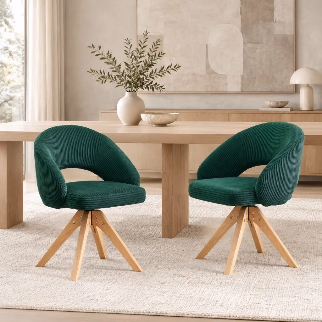 Set di 2 sedie da pranzo MIVRAY girevoli a 360° in velluto verde scuro con gambe in legno e schienale avvolgente – 2