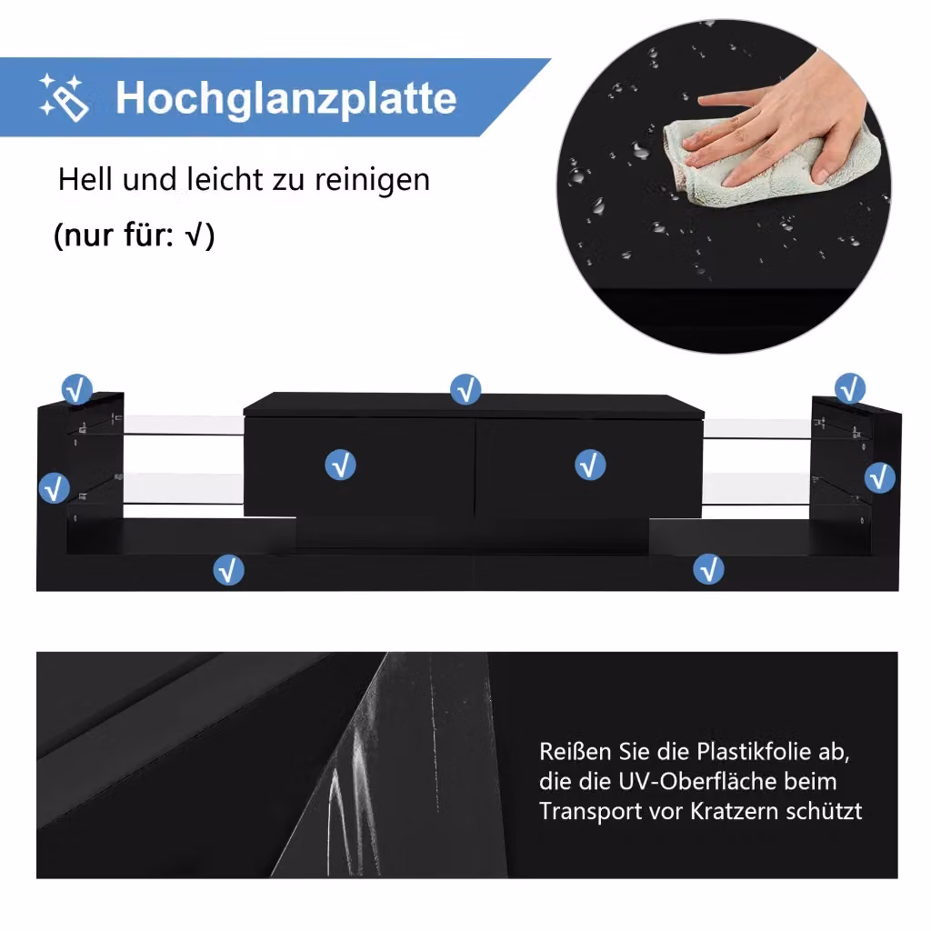 Mobile TV moderno REDOM con illuminazione LED integrata, colore nero, in truciolare lucido con frontale in vetro, L: 181 cm, P: 38 cm, H: 35 cm – 2