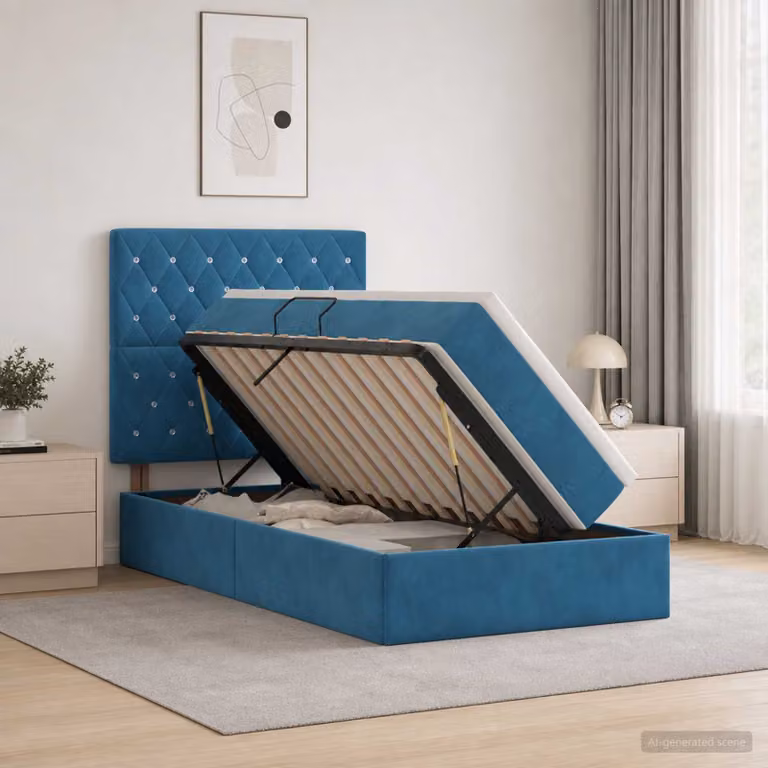 Letto con contenitore e materasso vidaXL in velluto blu con illuminazione LED e porta USB L: 100 cm, P: 200 cm, H: 204 cm