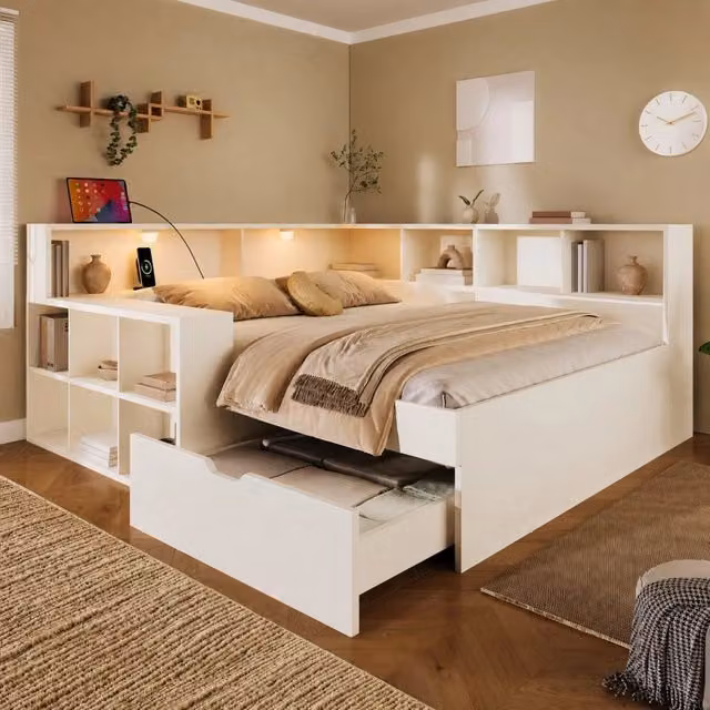 Letto singolo 90x200 con contenitore; prese USB e USB C; luci da lettura; legno; bianco