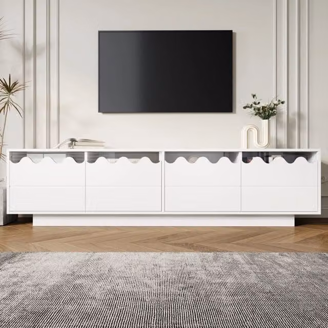 Mobile TV Mivray bianco con 4 ante e ripiani in vetro temperato, L 170 cm x P 40 cm x H 45 cm