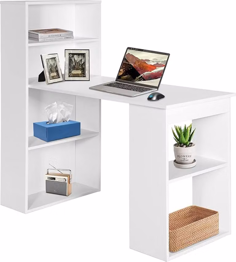 121,5 cm scrivania per computer con libreria, scrivania per ufficio in casa 3 in 1 con libreria a 4 livelli e supporto per CPU, bianco