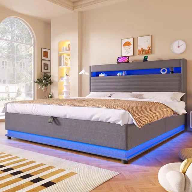 Letto matrimoniale 180×200 cm con vano idraulico, LED regolabili, USB e Type C, senza materasso, in lino grigio