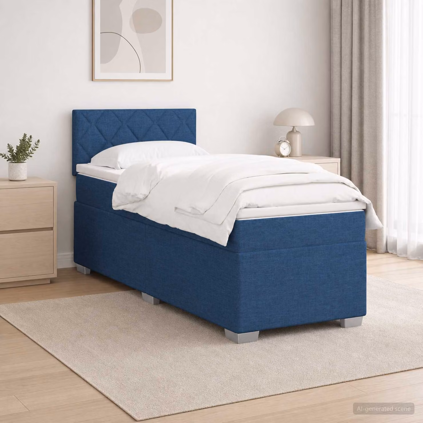 Letto con Box Spring e Materasso Ibrido vidaXL con Illuminazione LED Blu e Porta USB, L/P: 90 x 190 cm, Tessuto Blu e Bianco