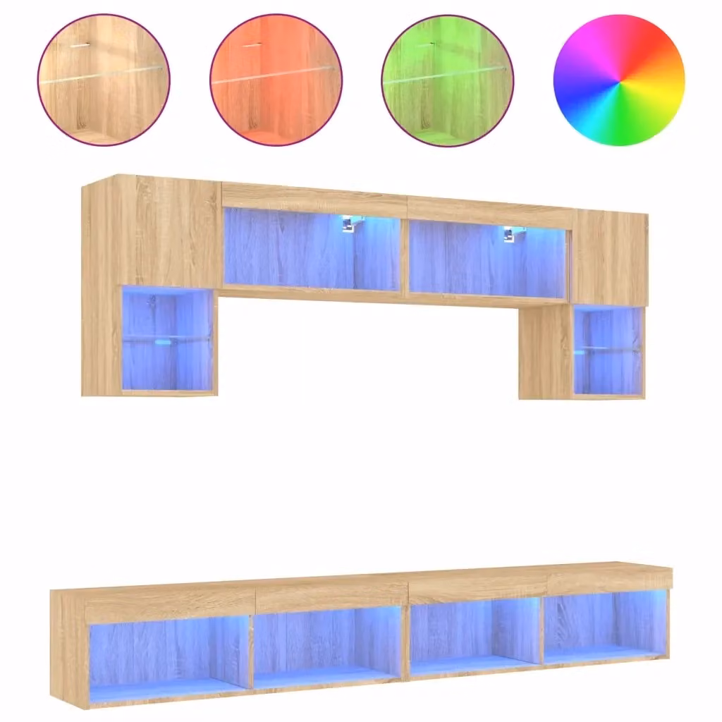 Mobile TV da parete vidaXL con illuminazione LED integrata in 6 pezzi, Rovere Sonoma, Legno Multistrato e MDF – 2