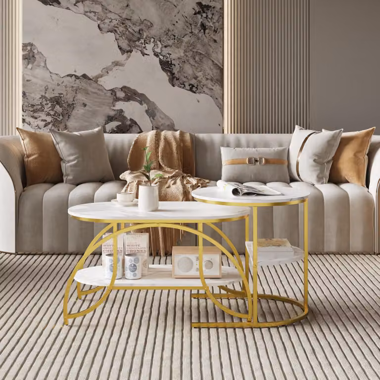 Tavolino quadrato in marmo bianco con gambe dorate - Design moderno, stabile e multifunzionale