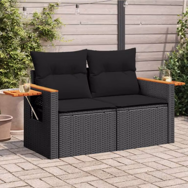 vidaXL Divano da Giardino a 2 Posti in Polyrattan Nero con Cuscini Imbottiti e Rivestimenti Rimovibili