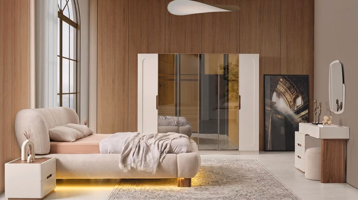 Set per camera da letto: letto, comodini, armadio, comò, specchio