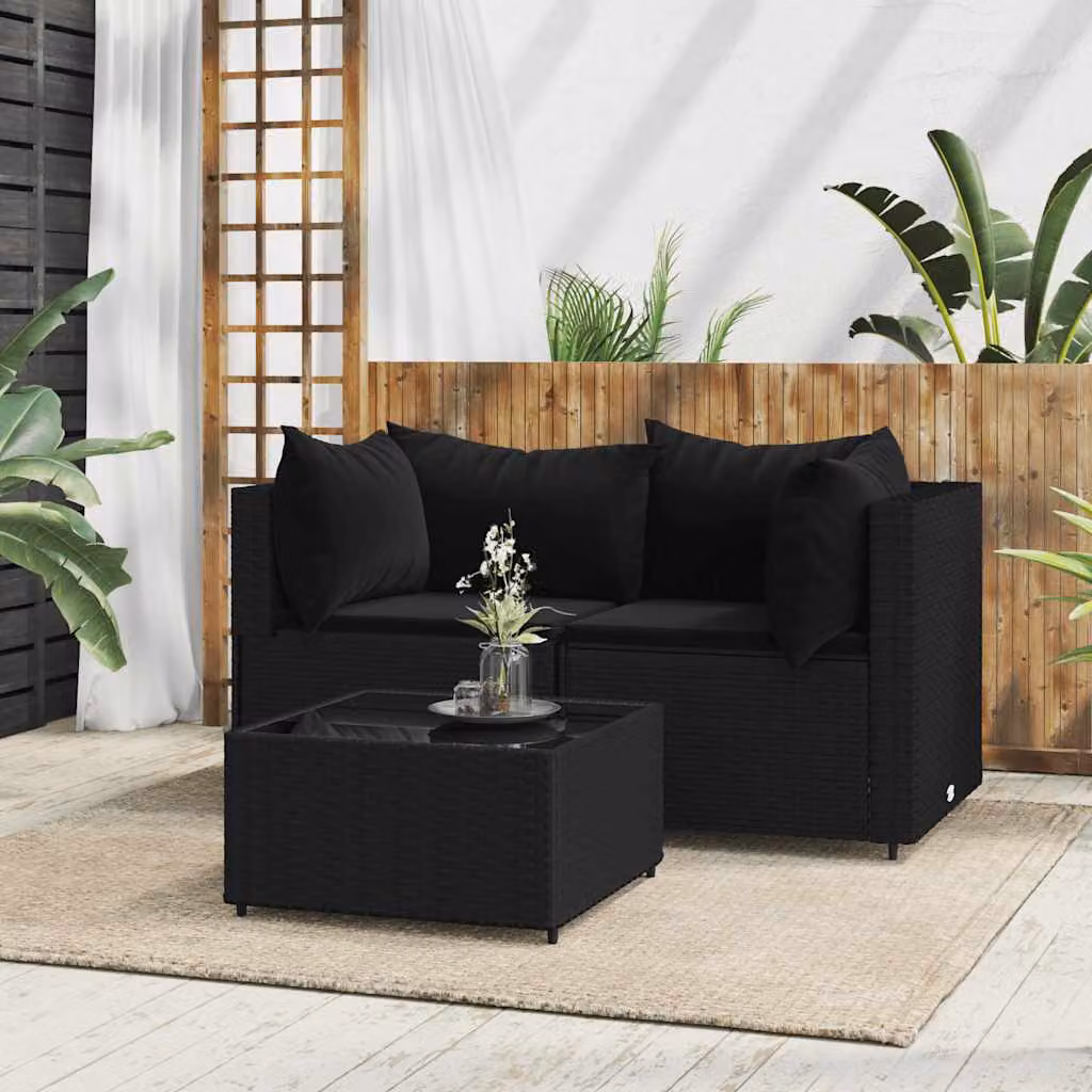 Set da giardino vidaXL composto da 3 pezzi con divano a L, elemento angolare, tavolino da caffè e cuscini in colore nero