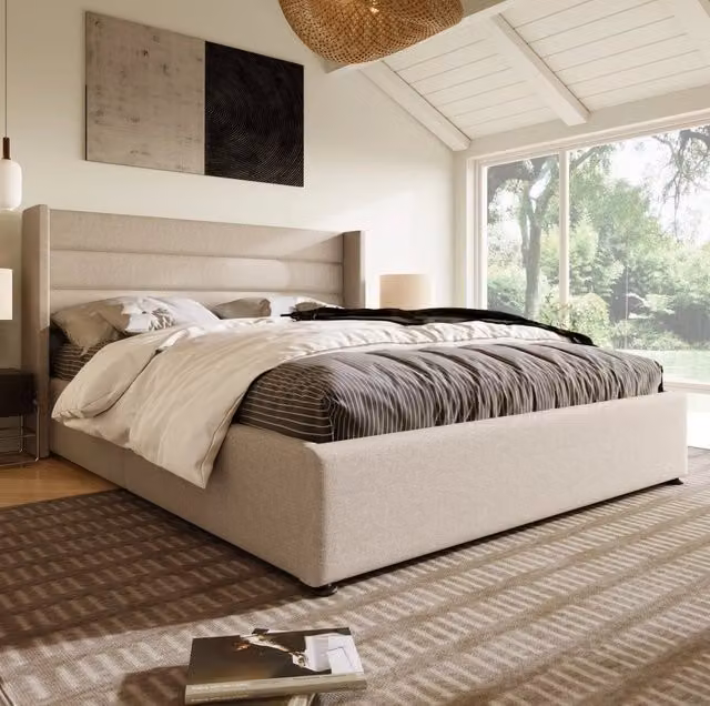 Letto contenitore 140x200 cm; apertura idraulica; lino; beige (Senza materasso)