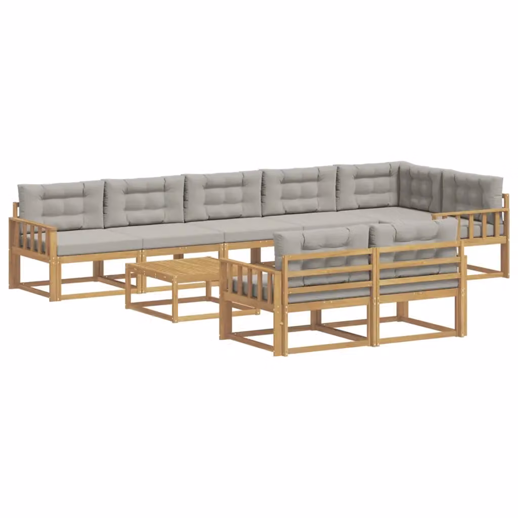 Set di divani da esterno vidaXL a forma di U composto da 9 pezzi con tavolo da caffè, in legno di acacia e tessuto bianco e grigio – 2