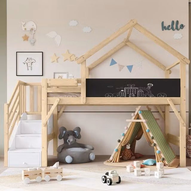 Letto a castello per bambini con protezione anticaduta, tetto dal design unico, lavagna, 3 armadietti, pino+MDF - Bianco/Naturale 90x200 cm