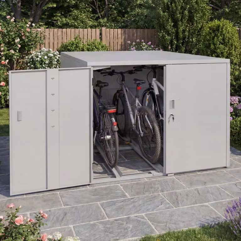 Garage per 3 biciclette HWC-P93, riparo per biciclette Box per biciclette Bikebox, chiudibile a chiave in acciaio zincato 124x148x208 cm ~ grigio chiaro