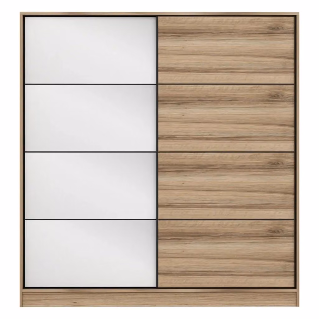 Armadio da camera da letto DMORA con ante scorrevoli, interno con appendiabiti, ripiani e specchio, Marrone Rovere, L: 180 cm, P: 60 cm, H: 190 cm – 2