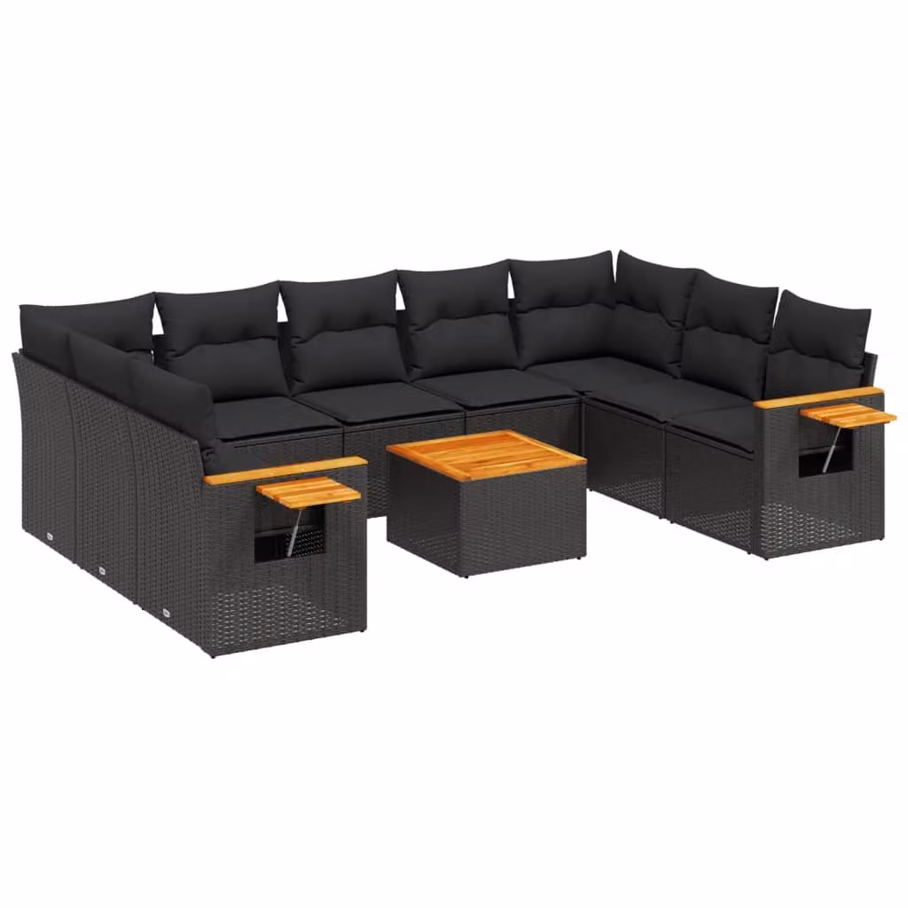 Set Divani da Giardino 10pz con Cuscini in Polyrattan Nero