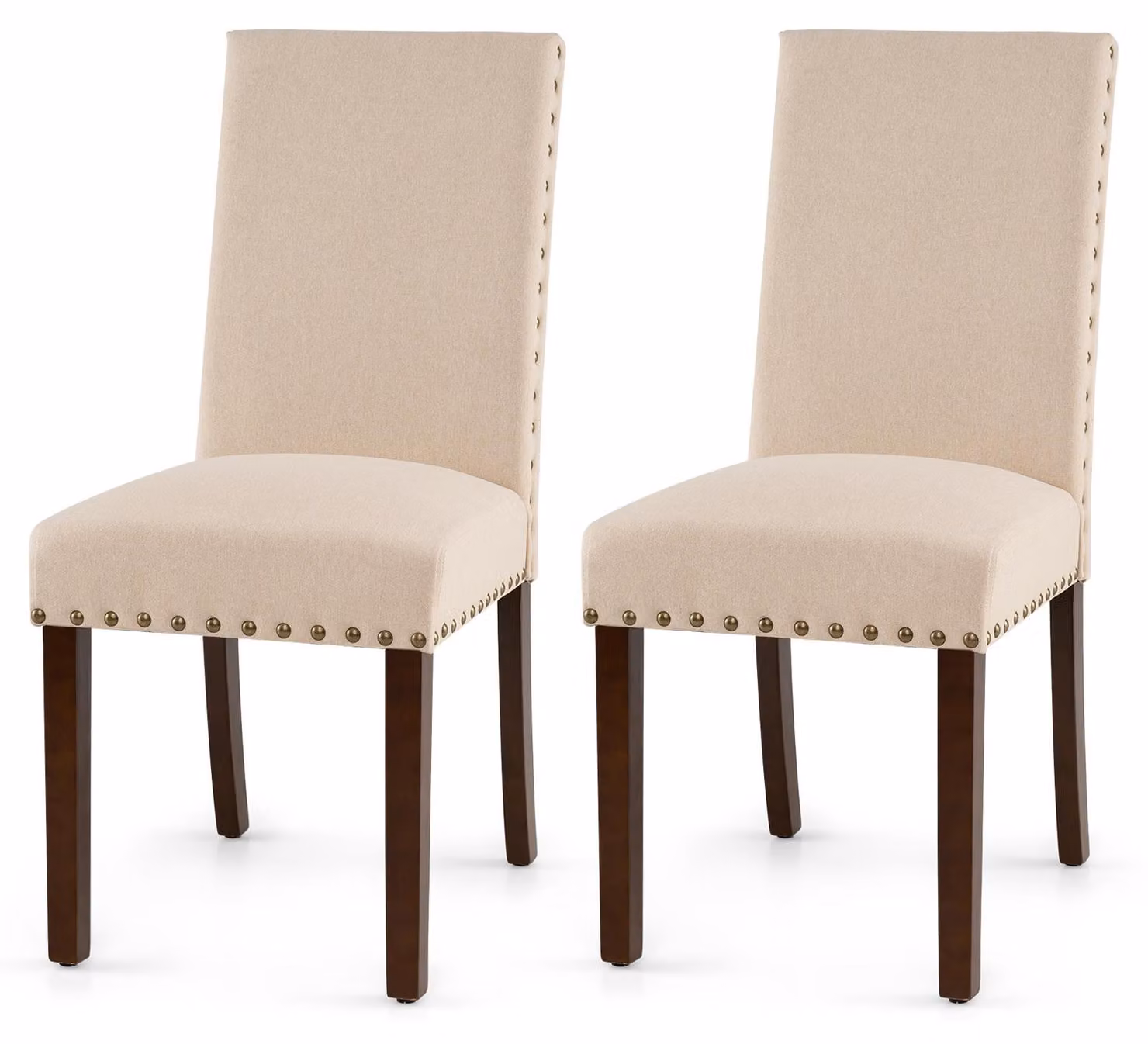 Set di 2 sedie da pranzo imbottite, ideali per la cucina o il soggiorno, con schienale ergonomico e gambe robuste in legno di gomma. Le sedie sono rivestite in tessuto e presentano dettagli decorativi a forma di testa di chiodo. Supportano un peso massimo