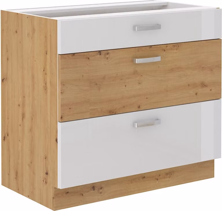 Armadietto inferiore con cassetti ADARA - larghezza 80 cm, bianco / rovere artisan