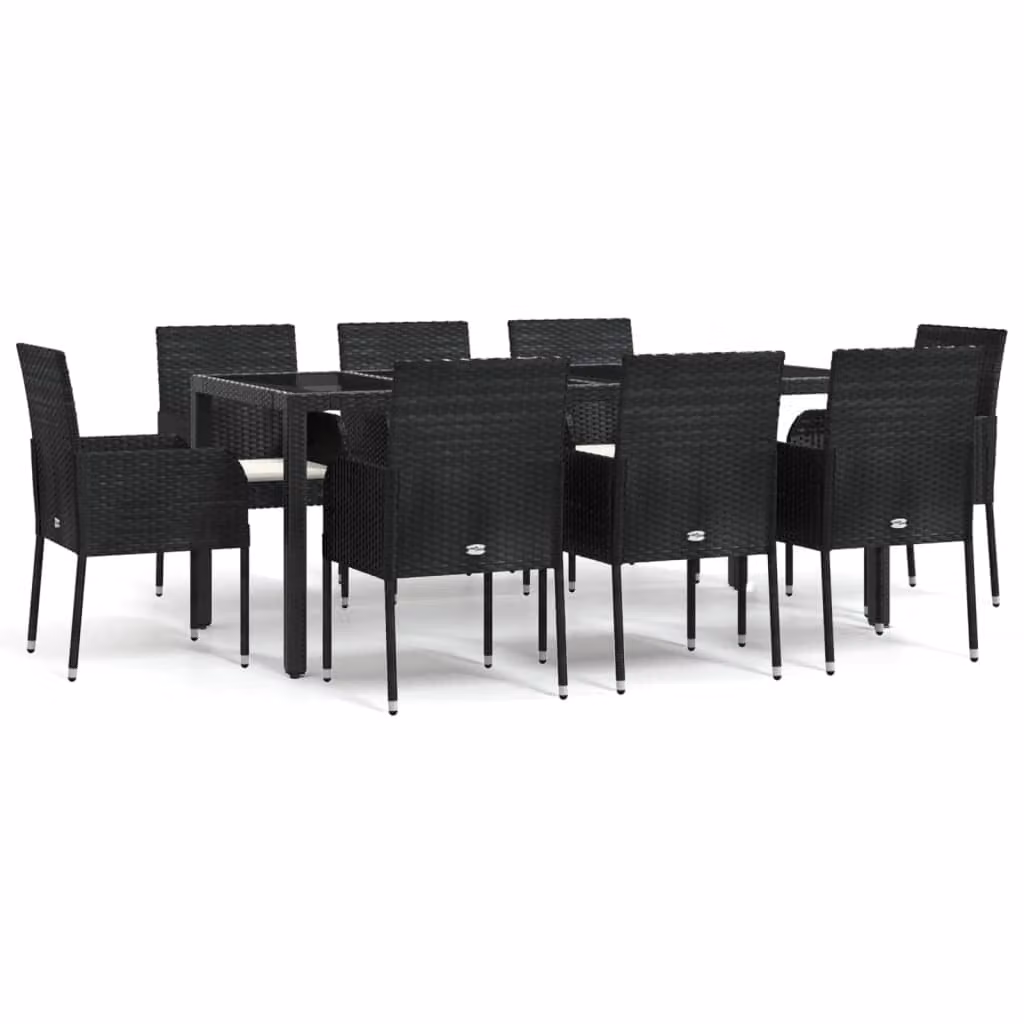 Set da Pranzo da Giardino 9 pz con Cuscini Nero in Polyrattan