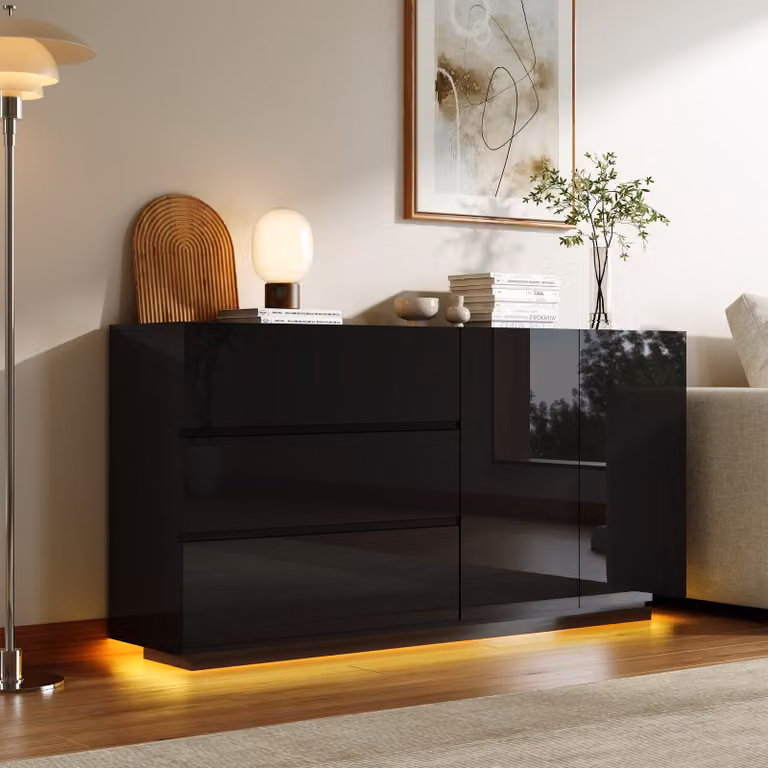 Mobile bar UnboxG, finitura lucida nera, 160x35x76 cm, senza maniglie, con 3 cassetti e 2 ante, illuminazione LED con telecomando, mobile moderno