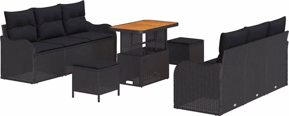 Set Divano da Giardino con cuscino 9 pcs Nero polyrattan