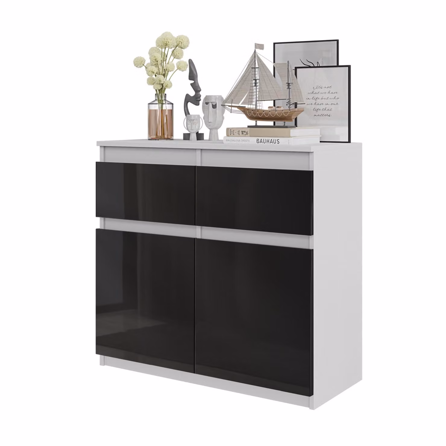 FURNICA - NOAH - Cassettiera / credenza con 2 cassetti e 2 ante - Bianco opaco / Nero lucido H75cm L80cm P35cm
