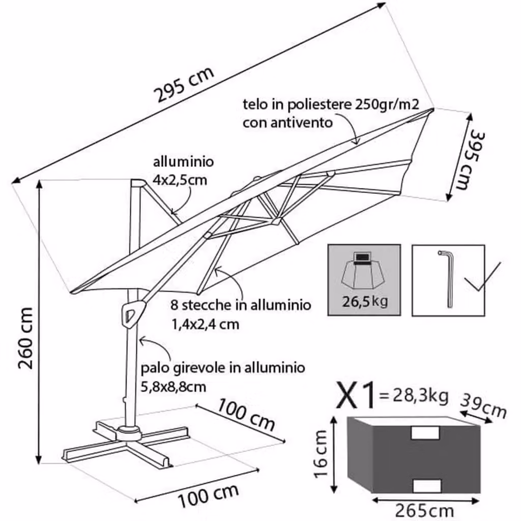 Ombrellone da giardino COSMA Darwin con telo in poliestere Grigio e Bianco e struttura in alluminio L: 300 cm, P: 300 cm, H: 260 cm – 2