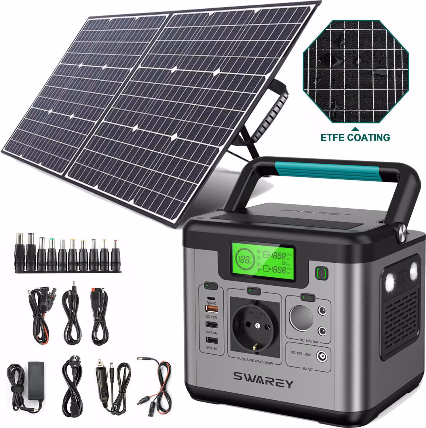 SWAREY S500 Pro 500W (picco di 1000W) Generatore Powerstation Caricabatterie Accumulo Solare con Pannello Solare 100W 518Wh Batteria di Backup Generatore Solare