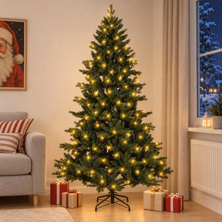 Albero di Natale artificiale pieghevole, altezza 210 cm, con 300 luci a LED