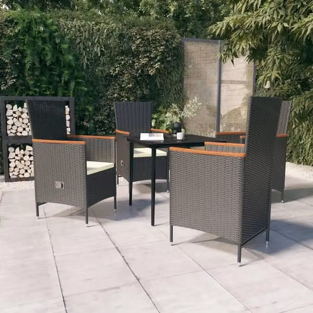 Set da pranzo da giardino moderno vidaXL in polyrattan con tavolo in vetro e acacia, 5 pezzi, Bianco e Nero
