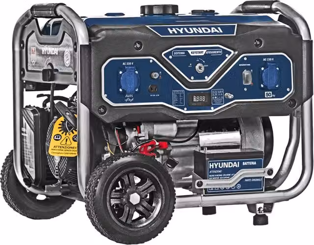 Generatore di Corrente a Benzina Hyundai 65000 Blu con Ruote, Motore 4T 6.5 Hp, 15 Lt, AVR, 2.8 kW