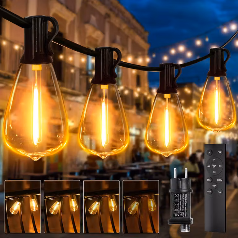 Catena luminosa a LED, 20 metri, con dimmer, 25+2 lampadine di tipo ST38, telecomando, grado di protezione IP44