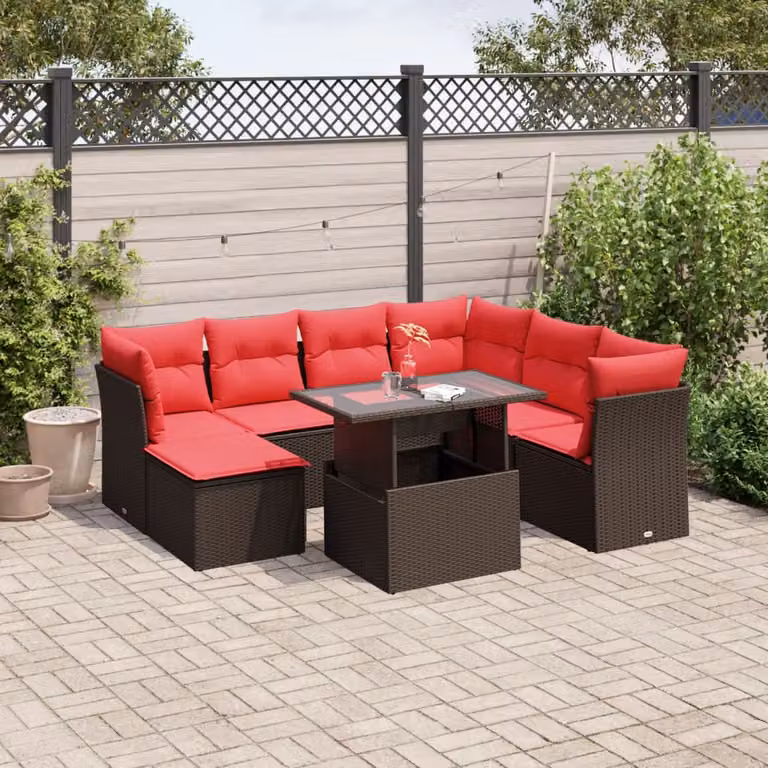 Set di divani da giardino vidaXL in polyrattan marrone con cuscini, tavolino e pouf per esterno