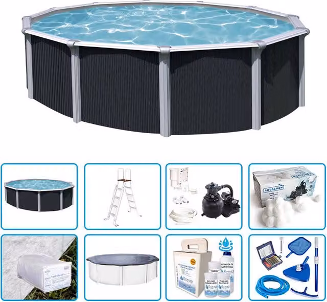 Piscina Fuori Terra Rotonda Bsvillage Steeldesign Kit Pro Colore Antracite con Pompa Filtro Scala Copertura e Telo di Protezione L: 4,55 m, H: 1,32 m