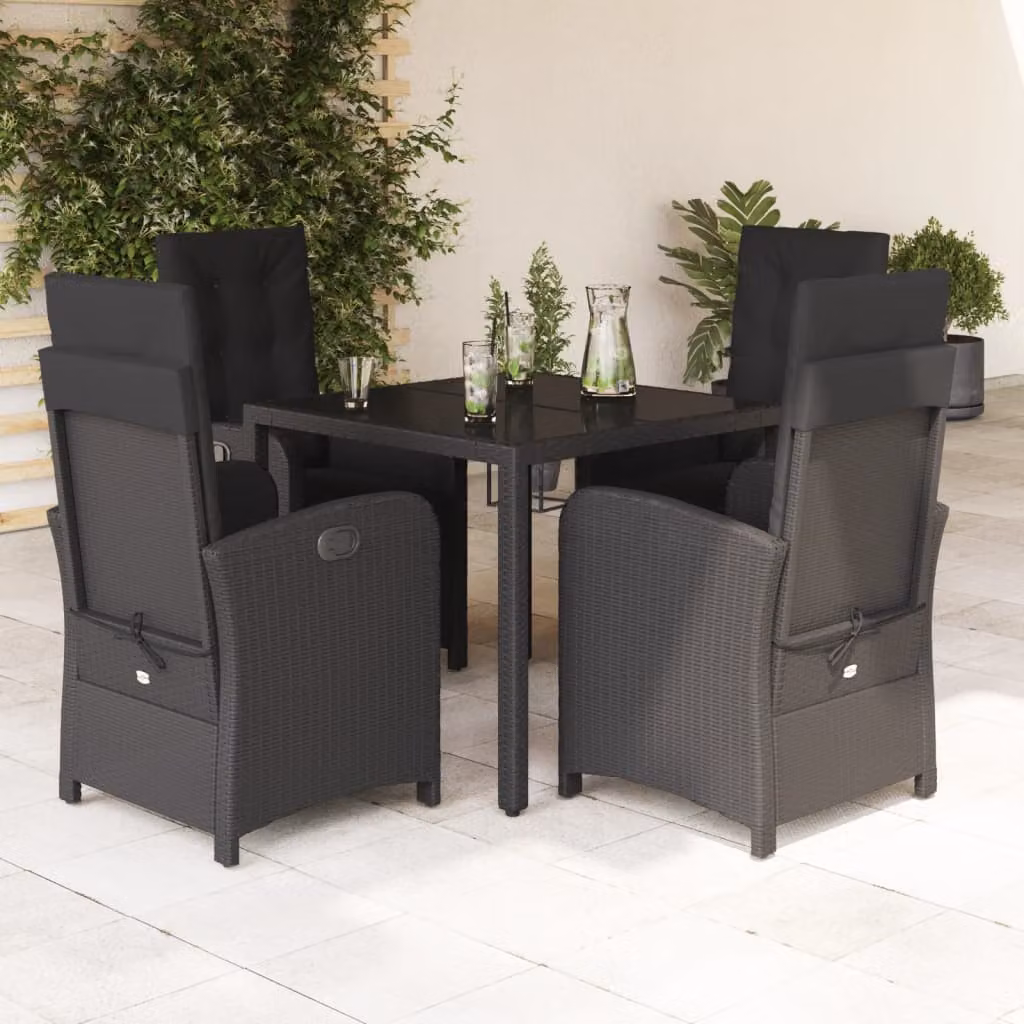 Set da Pranzo da Giardino vidaXL 5 pz Nero con Cuscini in Polyrattan e Tavolo in Vetro