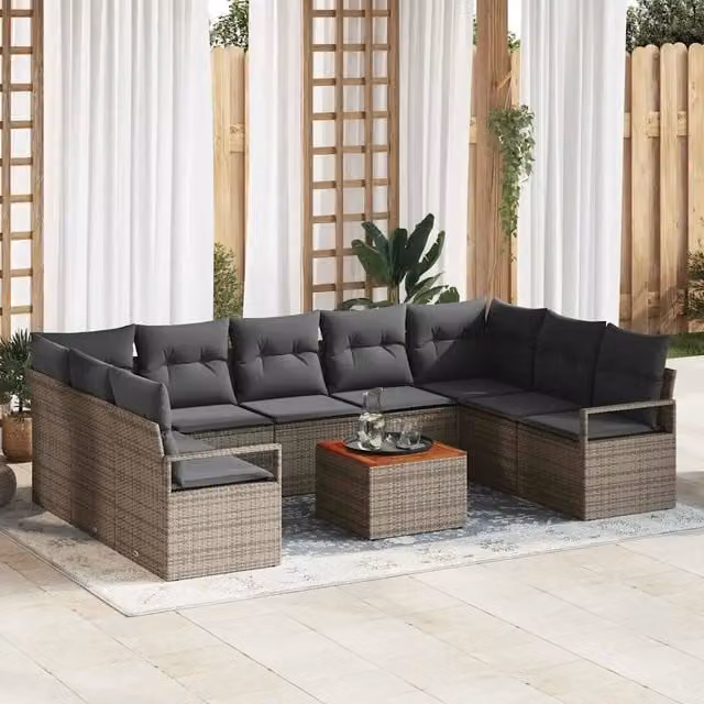 Set Divano da Giardino vidaXL a forma a U in Polyrattan Grigio con Cuscini e Tavolino – 1