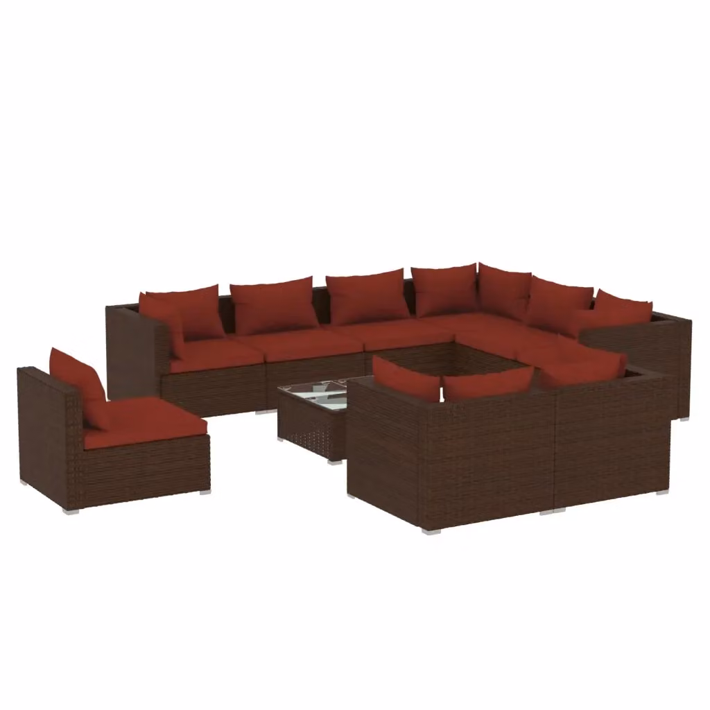 Set da giardino moderno vidaXL composto da 10 pezzi con divani a L, elementi angolari, tavolino da caffè e cuscini in tessuto marroni e rossi con struttura in metallo e rattan – 2